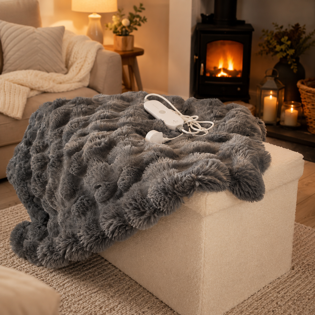 Luxury Electric Heated Throw Blanket – Grey Faux Fur & Velvet, 3 Heat Settings 150 x 200cm