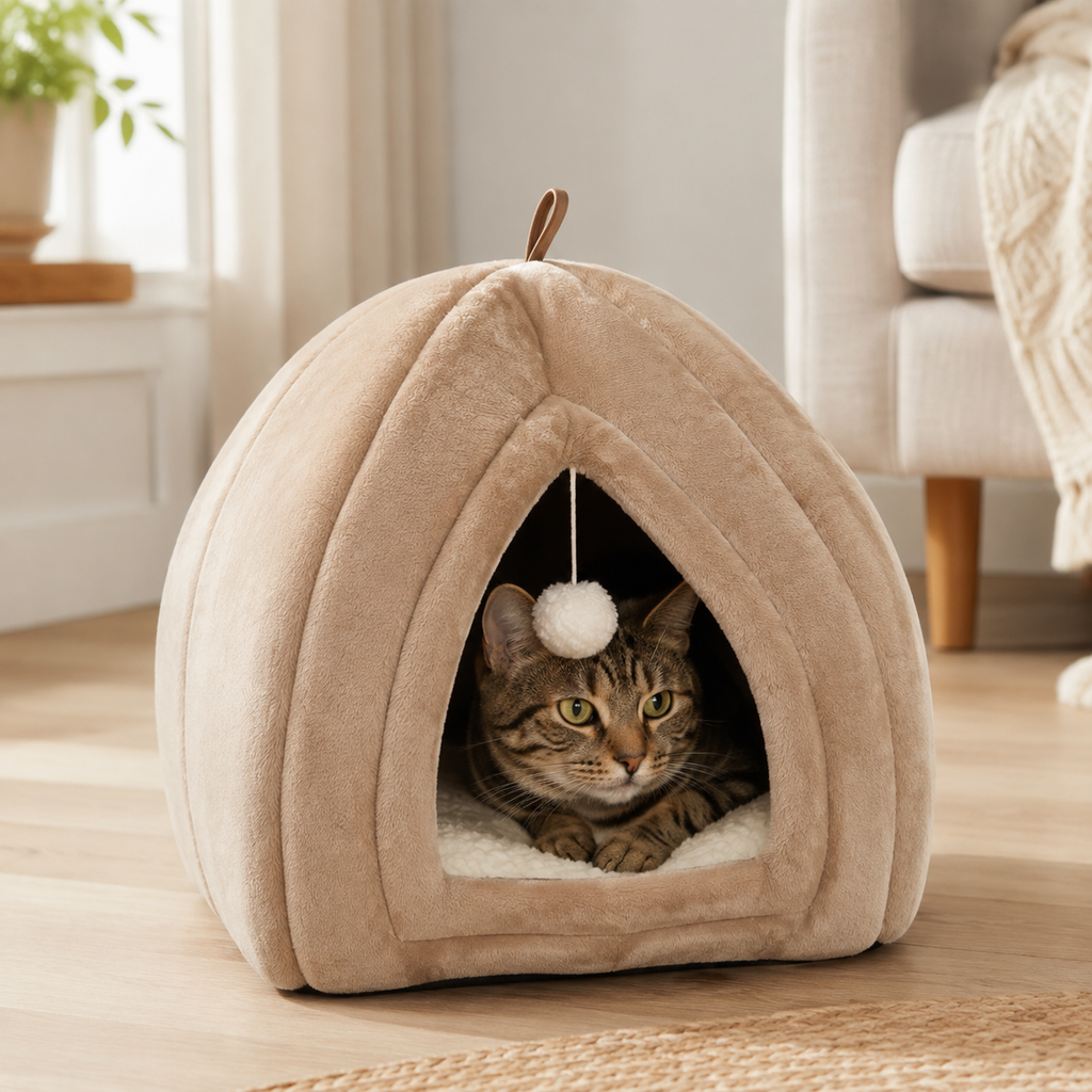 Cat Cave Bed Indoor - Flannel Hooded Cat Igloo House, 40x40cm